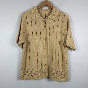 Vintage Cardigan Sweater Women L Tan SS Summer Open Knit Crochet Granny Cottage